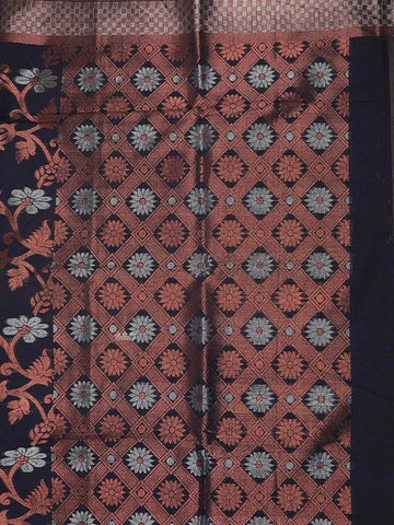 Navy Blue Silk Cotton Saree with Floral Design on the Body with Mat Checks Border - Diadem