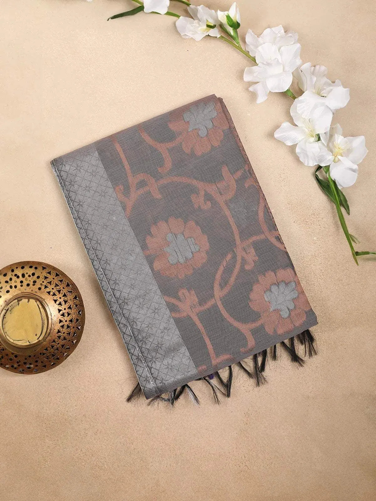 Grey Silk Cotton Saree with Flower Design on the Body with Matching Border - Diadem