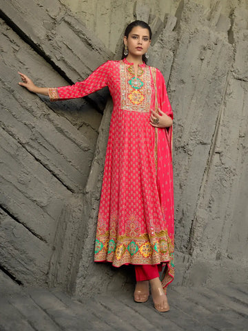 Queen Pink Floral Printed Synthetic Salwar Suit - Diadem
