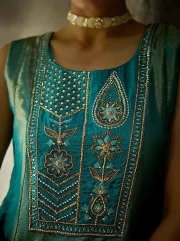 Teal Blue Floral Embroidered Tissue Silk Anarkali Salwar Suit - Diadem