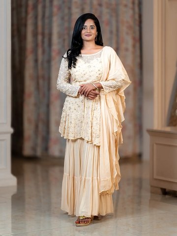 Ivory Floral Designed Sharara Salwar Suit - Diadem