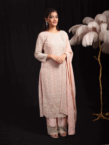 Peach Silk Floral Embroidery Straight Cut Salwar Suit for Women - Diadem