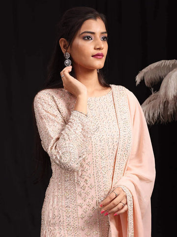 Peach Silk Floral Embroidery Straight Cut Salwar Suit for Women - Diadem