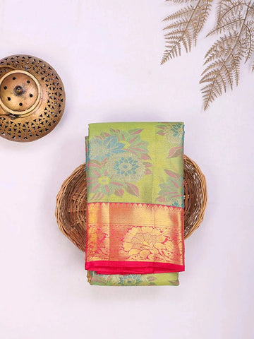 Light Green Pure Kanchipuram Bridal Silk Saree with Floral Motif and Zari Border - Diadem