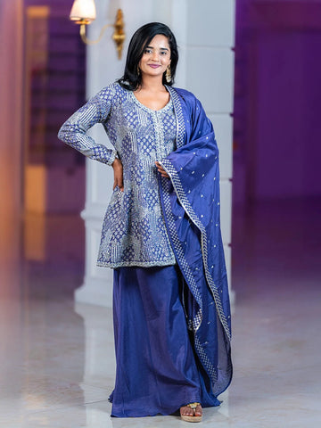 Purple Floral Design Crepe Salwar Palazzo Suit - Diadem