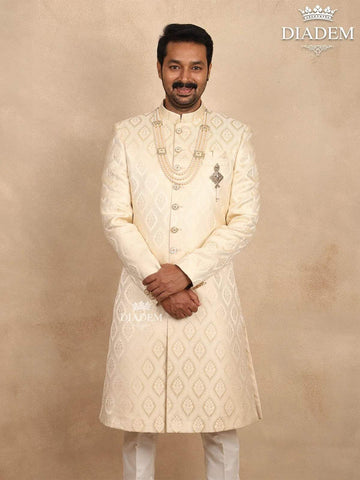 Cream Raw Silk Sherwani Suit Adorned with Floral Embroidery, Paired with Brooch and Bead Mala - Diadem