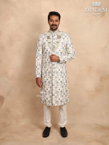 Ivory Silk Sherwani Suit with Floral Embroidery, Paired with Bead Mala - Diadem