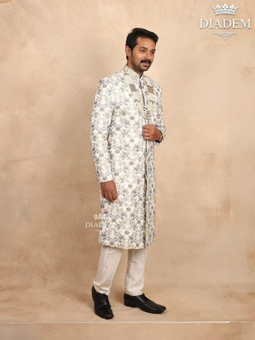 Ivory Silk Sherwani Suit with Floral Embroidery, Paired with Bead Mala - Diadem