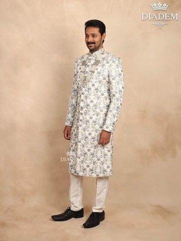 Ivory Silk Sherwani Suit with Floral Embroidery, Paired with Bead Mala - Diadem