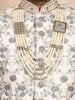 Ivory Silk Sherwani Suit with Floral Embroidery, Paired with Bead Mala - Diadem