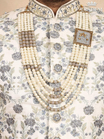 Ivory Silk Sherwani Suit with Floral Embroidery, Paired with Bead Mala - Diadem