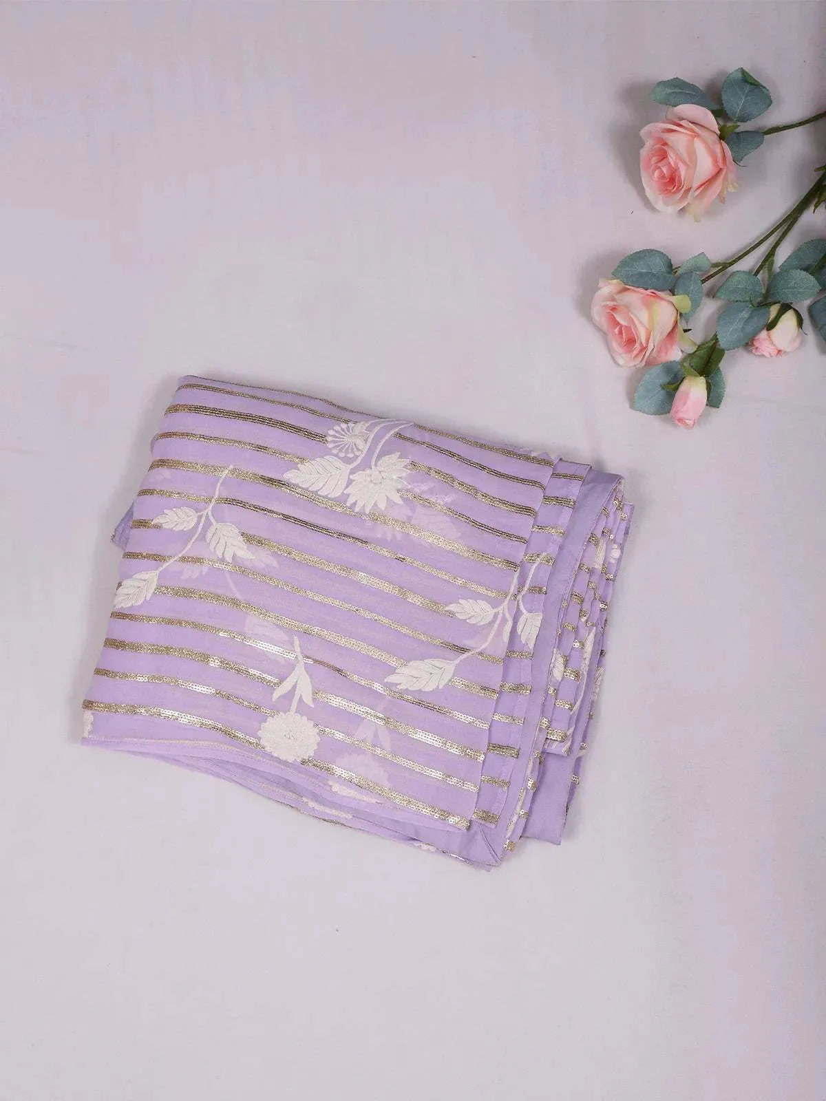 Lavender Organza Saree with Floral Prints on the Body and Paired with Designer Blouse - Diadem