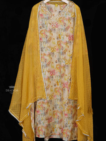Mustard Yellow Crepe Straight Cut Salwar Suit Adorned with Floral Prints, paired with Dupatta - Diadem