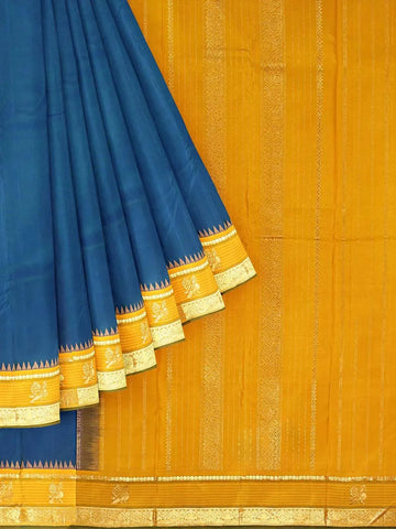 Teal Blue Pure Kanchipuram Bridal Silk Saree with Plain body and Contrast Zari Border - Diadem
