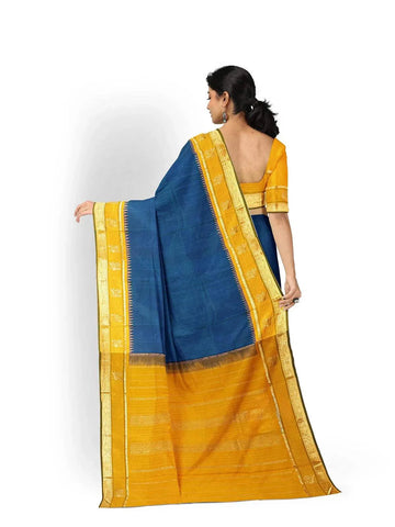 Teal Blue Pure Kanchipuram Bridal Silk Saree with Plain body and Contrast Zari Border - Diadem