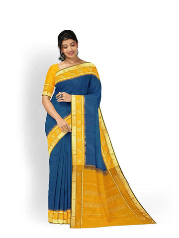 Teal Blue Pure Kanchipuram Bridal Silk Saree with Plain body and Contrast Zari Border - Diadem
