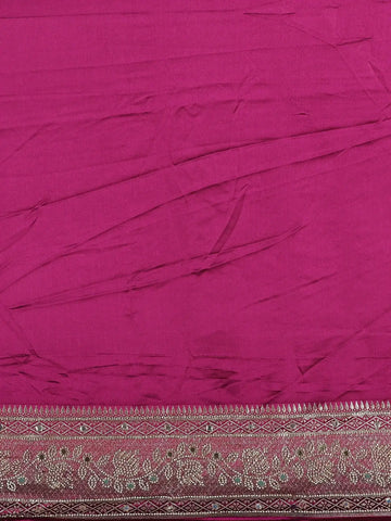 Wine Solid Design Satin Saree with Mirror Work & Heavy Zari Embroidered Border - Diadem