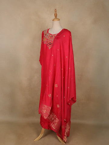 Bright Red Floral Embroidered Silk Cotton Salwar Suit - Diadem
