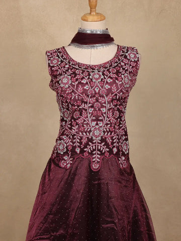 Maroon Floral Embroidered Organza Gown - Diadem