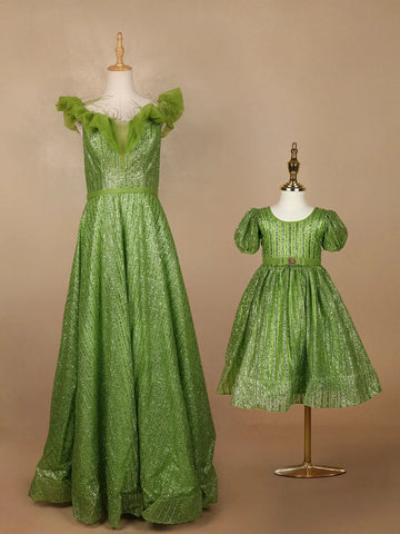 Parrot Green Glittery Party Wear Gowns for Mother & Daughter - Diadem