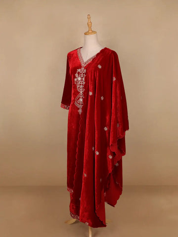 Red Floral Designed Velvet Co Ord Salwar Suit - Diadem