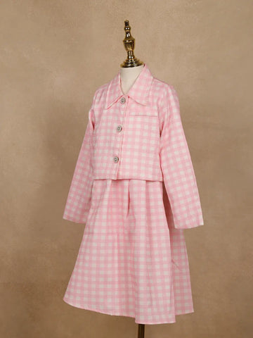 White and Pink Checkered Cotton Blend Skirt and Top Set - Diadem