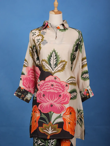 Light Beige Floral Printed Cotton Palazzo Suit - Diadem