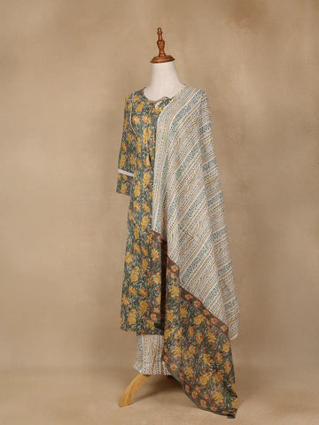 Green Floral Design Printed Cotton Salwar Suit - Diadem