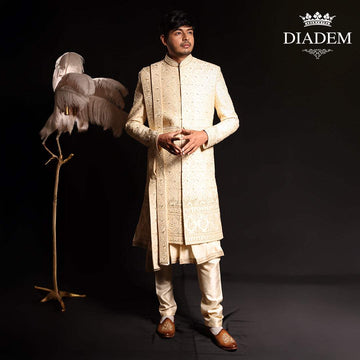 Cream White Raw Silk Floral Designed Sherwani Suit - Diadem