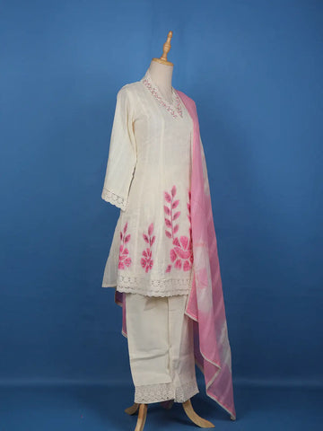 Ivory Leaf Printed Cotton Salwar Suit - Diadem