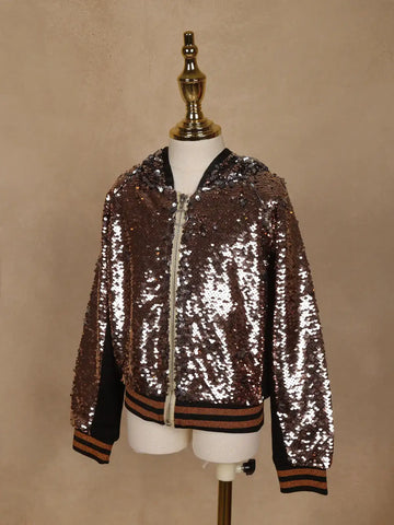 Black with Bronze Sequins Embellished Hoodie Jacket - Diadem