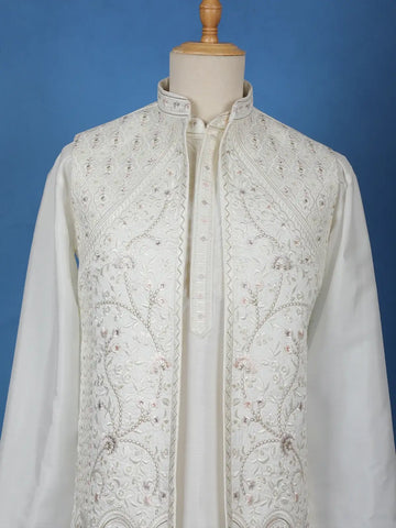 White Floral Embroidered Polyester Sherwani Suit - Diadem