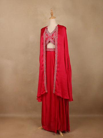 Vibrant Red Sequin Embellished Georgette Crop Top with Draped Skirt - Diadem