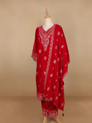 Red Floral Designed Velvet Co Ord Salwar Suit - Diadem