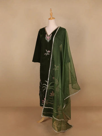 Green Floral Designed Velvet Co Ord Salwar Suit - Diadem