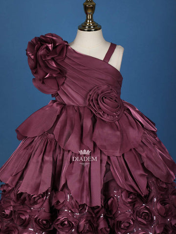 Dark Mauve 3D Floral Designed Organza Party Wear Gown for Girls - Diadem