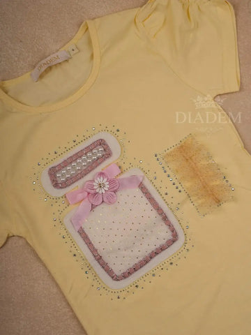 Yellow Cotton Half Sleeve T-Shirt with 3D Flowers and Bow Designs for Girls - Diadem