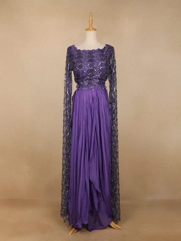 Purple Net Embroidered Designed Indowestern Lehenga - Diadem