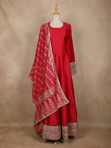 Red Panel Semi Silk Anarkali Full Sleeve Gown - Diadem