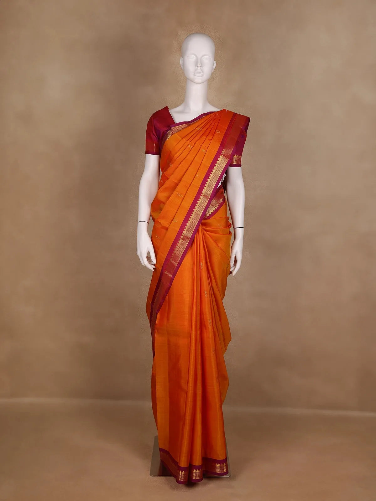 Bright Orange Floral Design Kanchipuram Silk Saree - Diadem