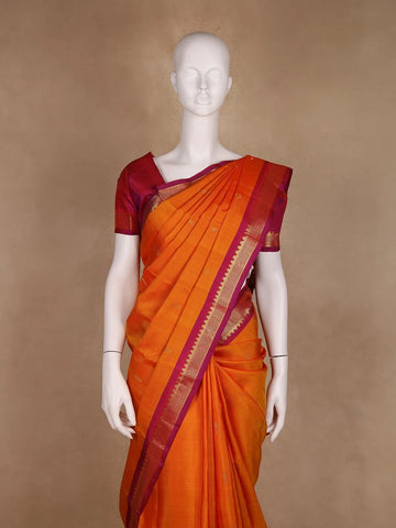 Bright Orange Floral Design Kanchipuram Silk Saree - Diadem