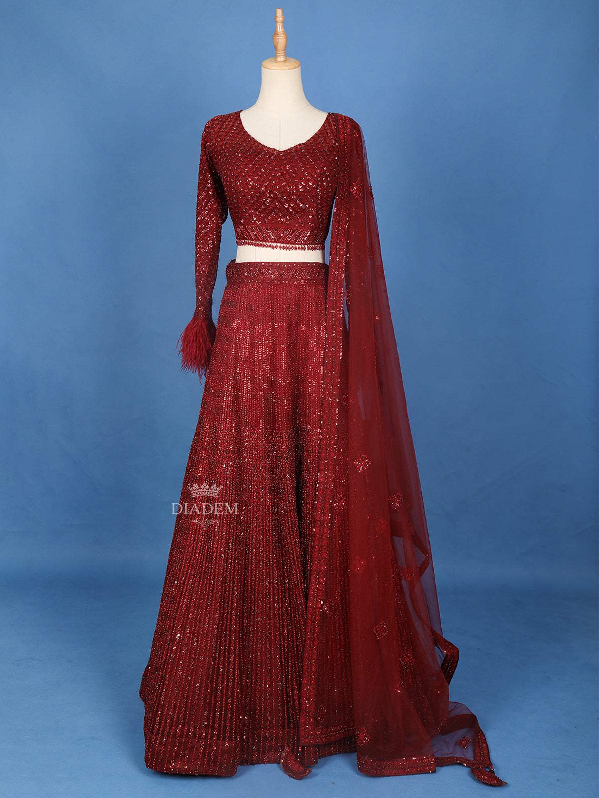 Dark Red Sangeet Lehenga with Sequin Designs - Diadem