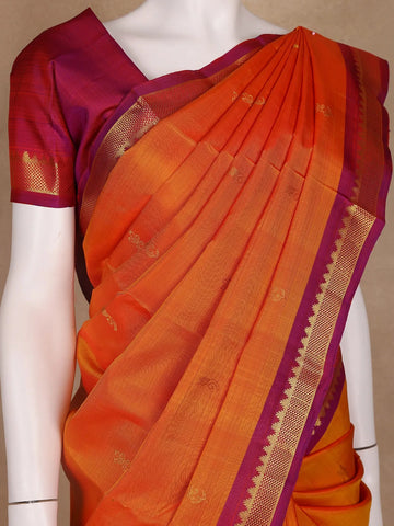 Bright Orange Floral Design Kanchipuram Silk Saree - Diadem