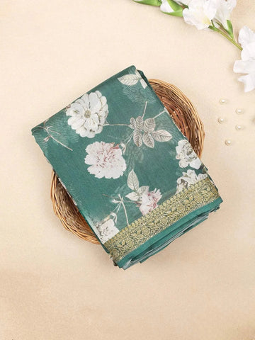 Green Chanderi Silk Saree with Flower Design on the Body with Designed Border - Diadem