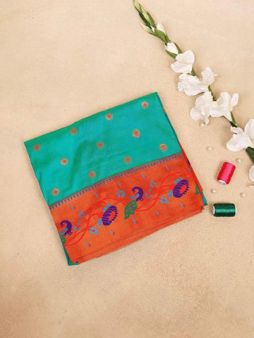 Teal Green Banarasi Saree With Dots Floral Design on the Body and Designed Border - Diadem