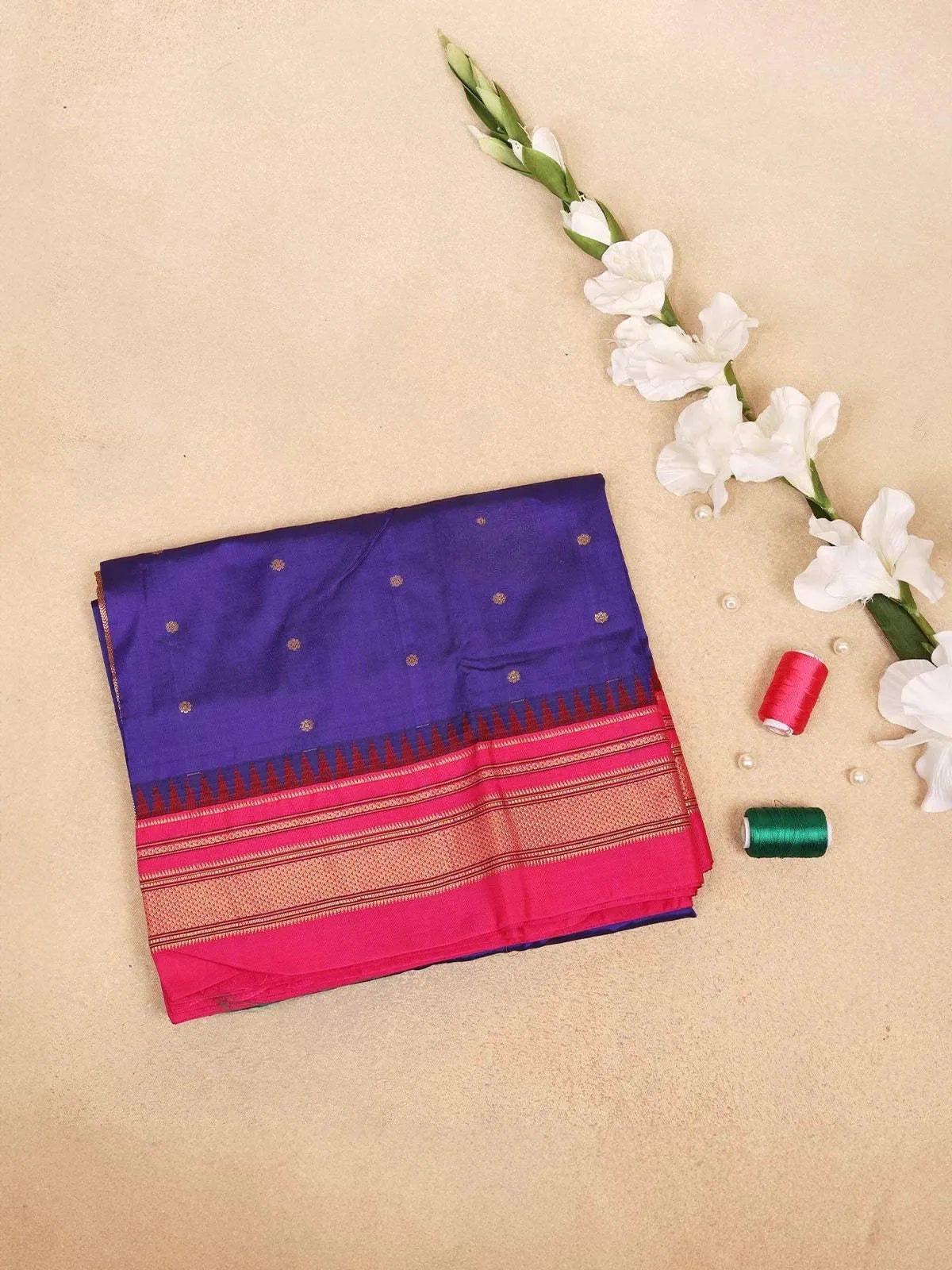 Dark Blue Banarasi Saree With Dot Floral Design on the Body and Zari Border - Diadem