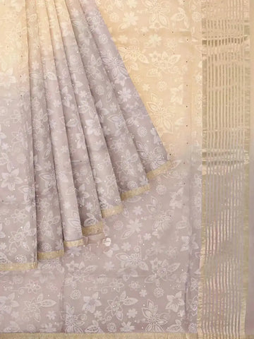 Beige Organza Silk Saree with Floral Prints on the body and Zari Border - Diadem