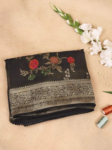 Black Banarasi Saree with Floral Design on the with Zari Border - Diadem