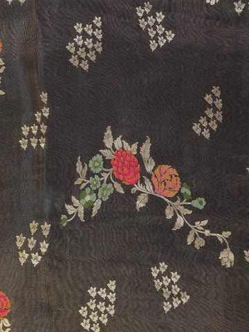 Black Banarasi Saree with Floral Design on the with Zari Border - Diadem