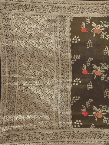Black Banarasi Saree with Floral Design on the with Zari Border - Diadem